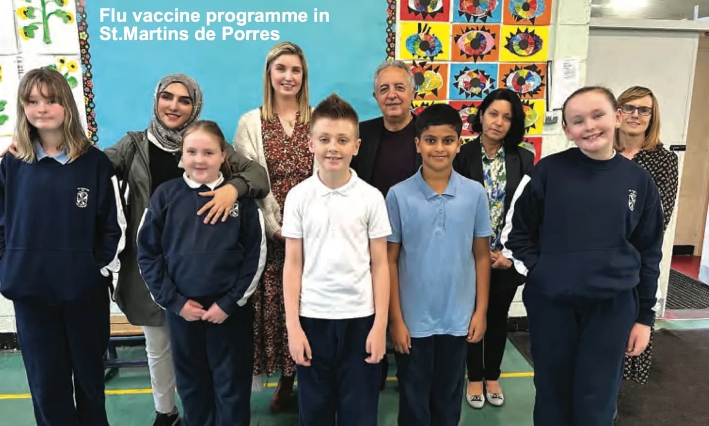 Dr. Elif Torun and Dr. Antonios Issou with pupils and staff at St Martin de Porres National School