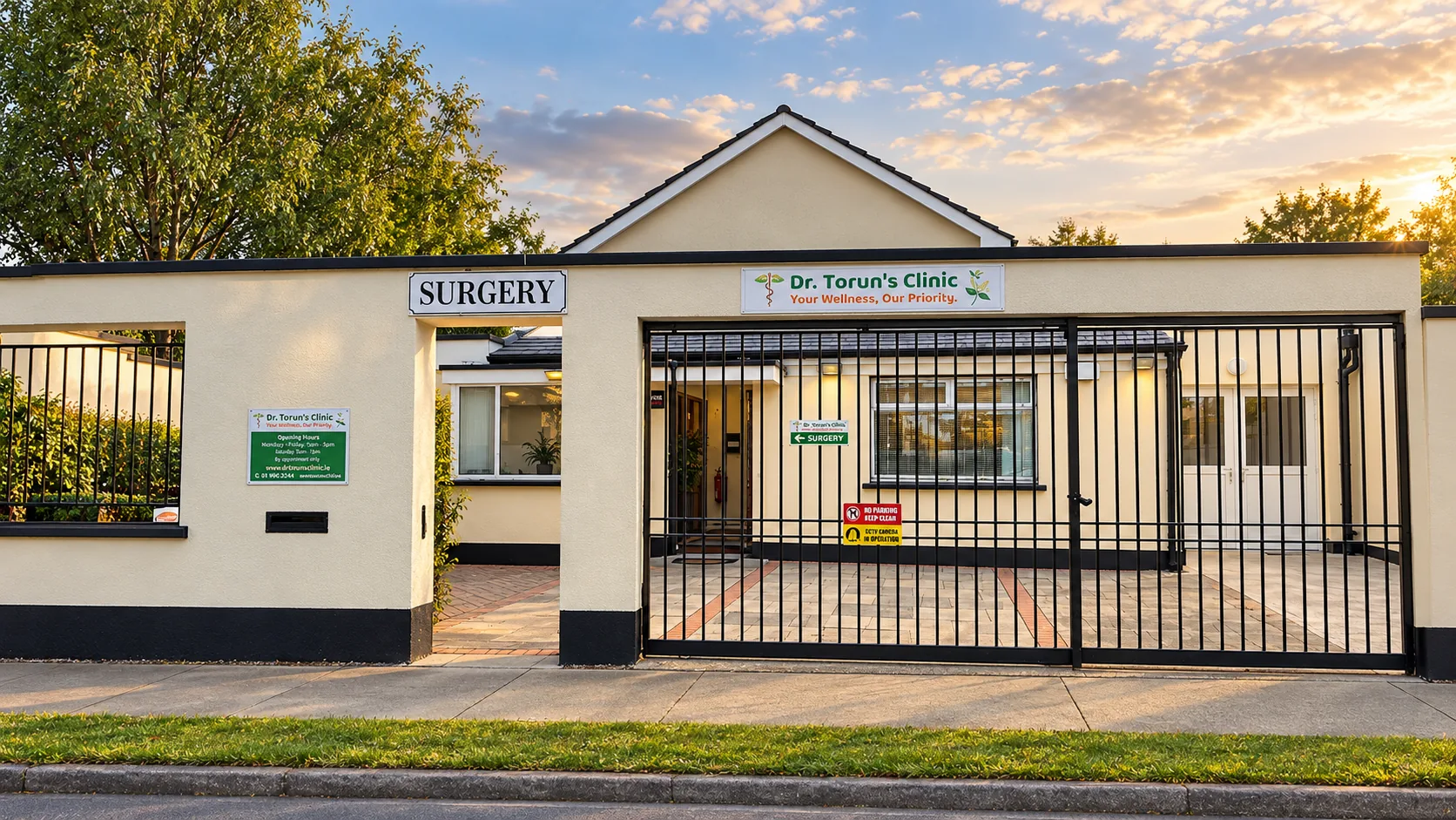The clinic’s entrance at 59A Old Bawn Way, Tallaght, Dublin, D24 RY77: a cream single-storey building with black gates and a “Surgery” sign