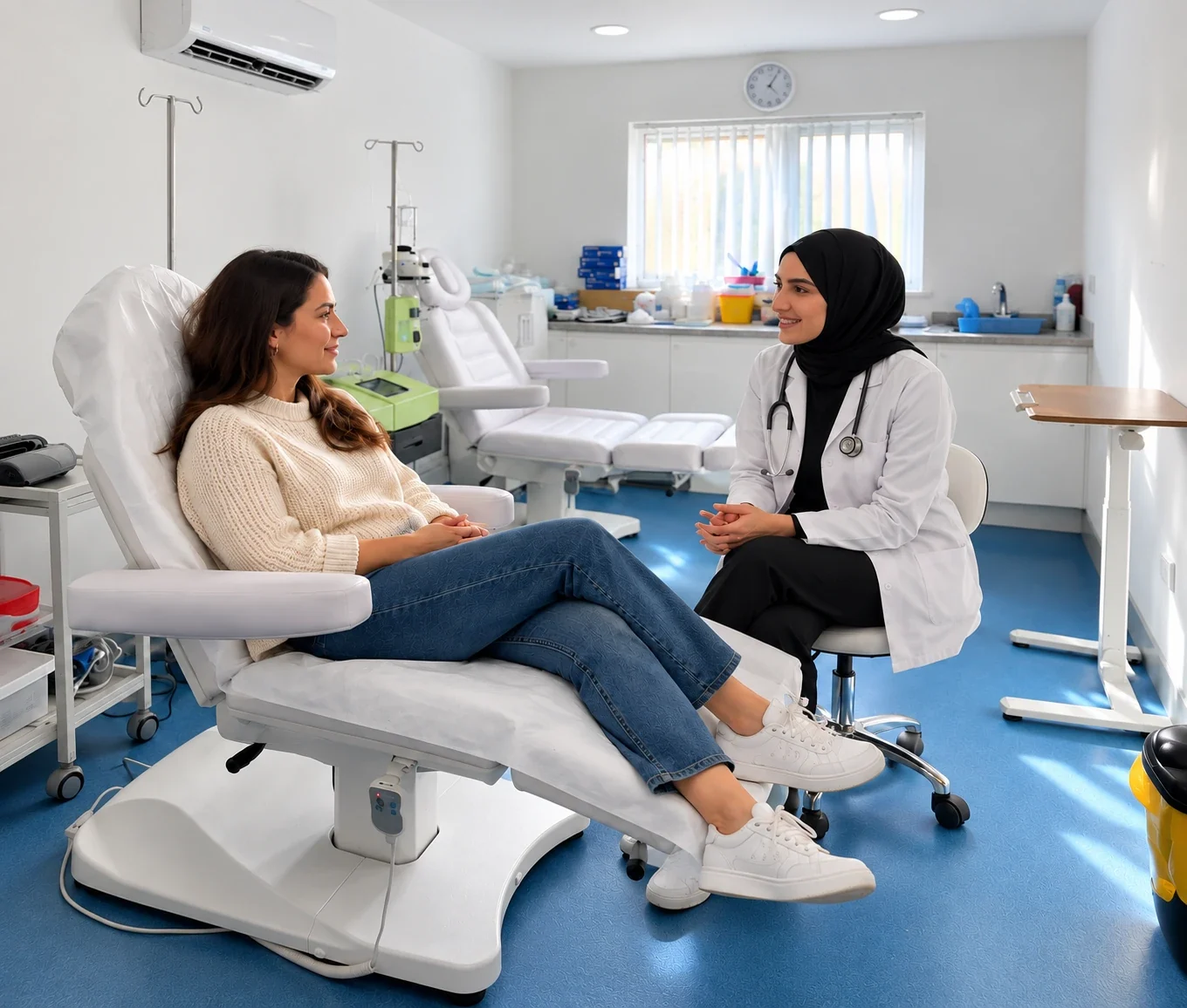 A doctor talking with a patient before Ozone-Oxygen-Therapy in the clinic’s ozone treatment room
