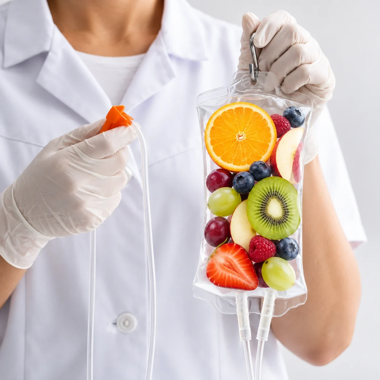 A clinician holding an IV bag filled with fresh fruit, a nod to vitamin drips