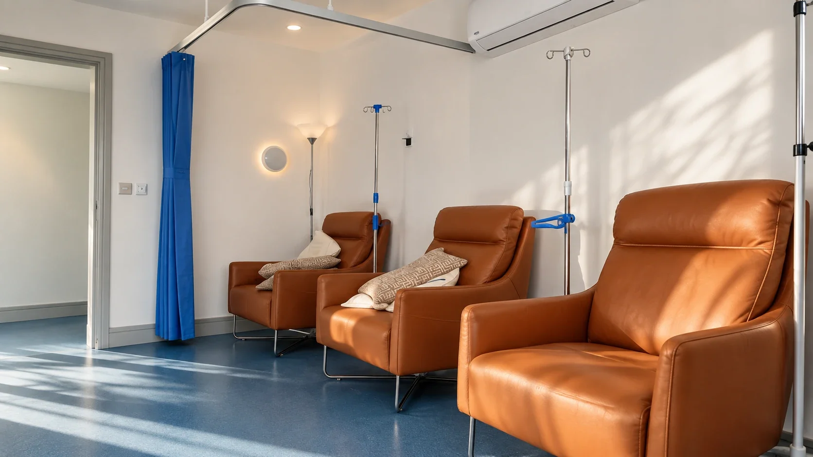 The IV therapy room at Dr. Torun’s Clinic: three tan leather recliners with cushions, IV stands and afternoon sunlight