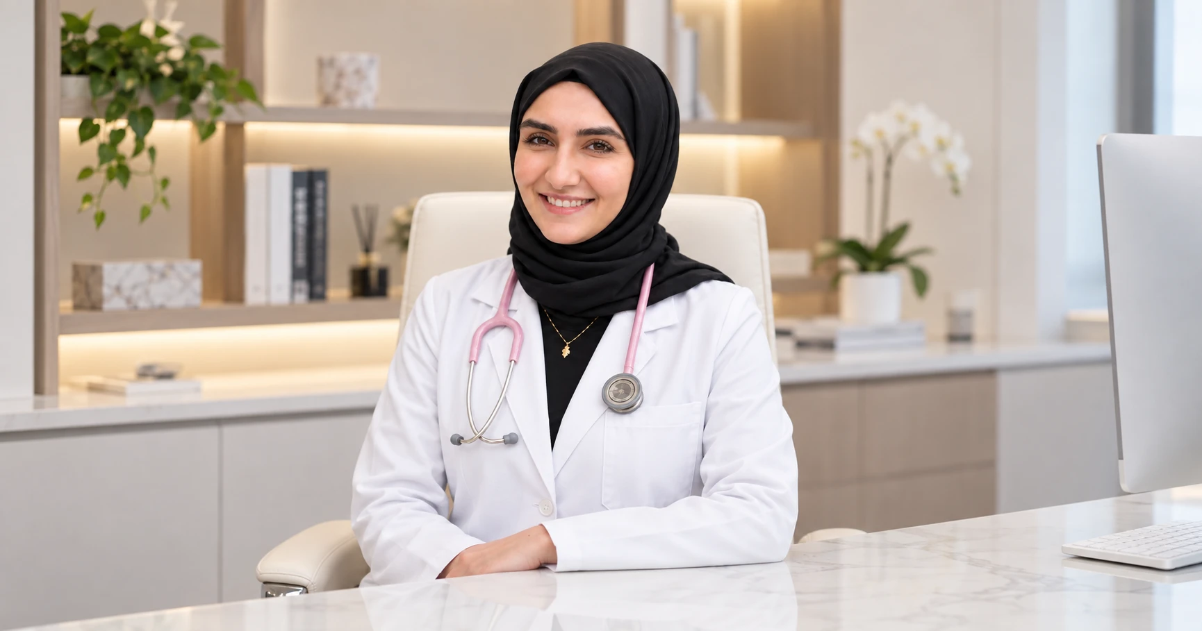 Dr. Elif Torun in a white coat at her desk in the clinic